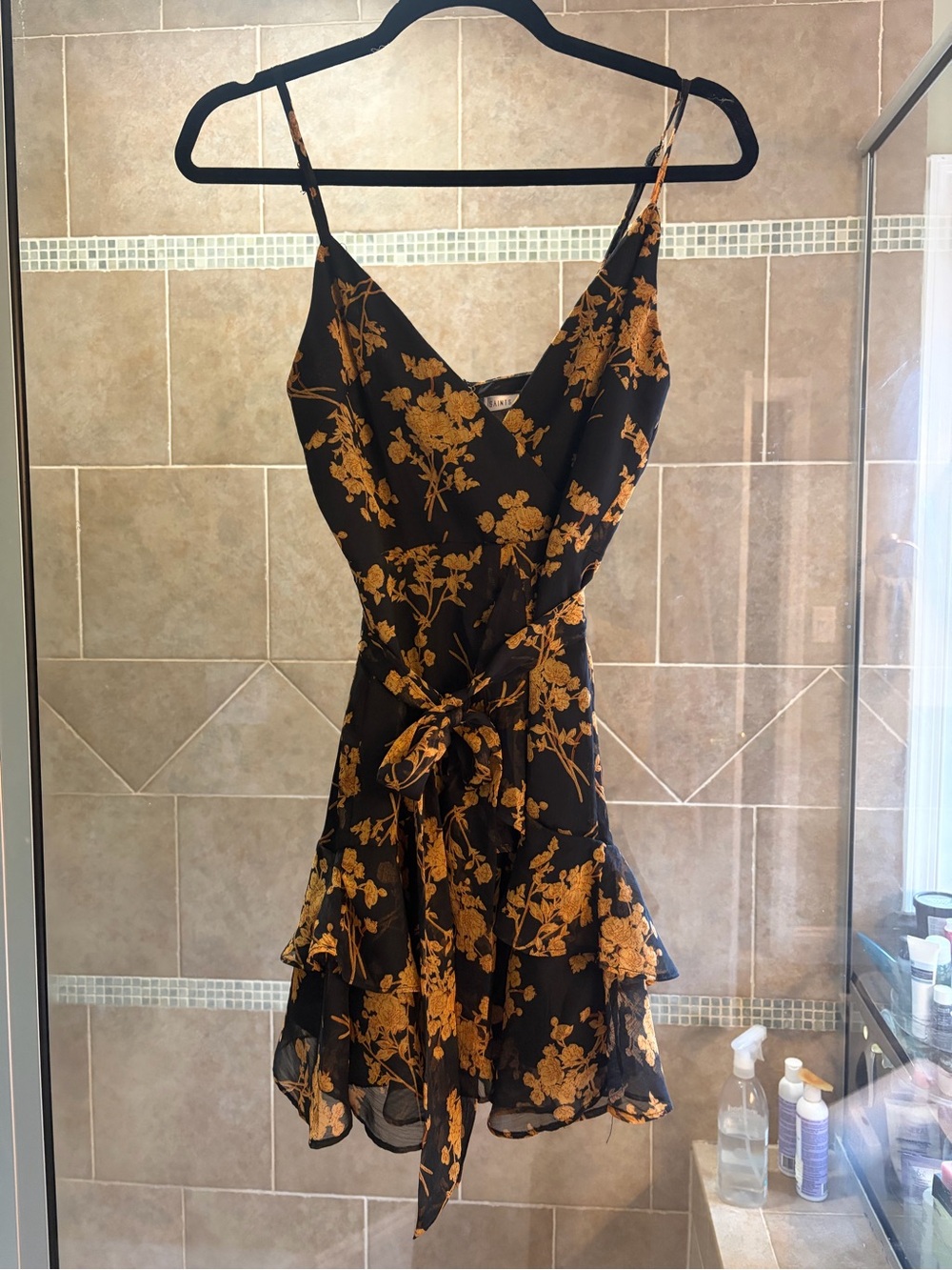 Hello Molly, Saints + Secrets Black Slip Dress with Golden Floral Print